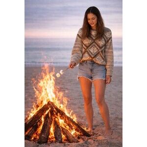 Nuggets Vintage 90s Ramie Acrylic Knit Sweater Nordic Geometric Earth Tones Sz M